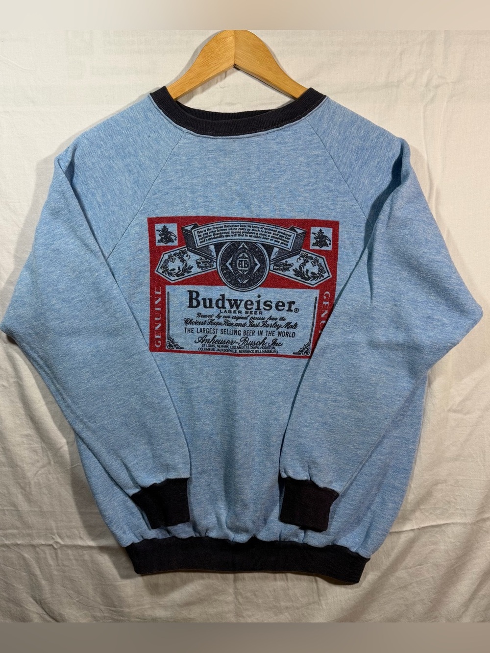Vintage Budweiser 70s/80s Light Blue Crewneck Sweatshirt Size XL Made In USA